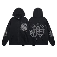 Mixed Emotions Eclipse Rhinestone Hoodie Acid Wash Grey