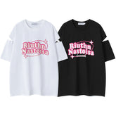 Retro Font Print Side Sleeve Lace‑Up Oversized Tee
