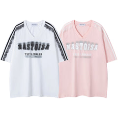Lace Panel Side Stripe Spray Print V‑Neck Tee