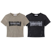 Worn Print Eyelet Panel Fitted Cropped Tee