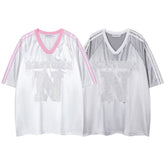 Satin Lace Patch V‑Neck Striped Jersey Top