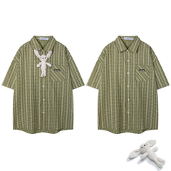 Green Plush Bunny Detachable Ornament Short Sleeve Plaid Shirt
