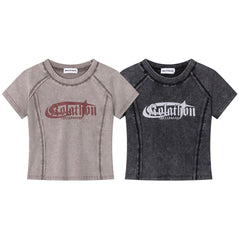 Washed Contrast Stitch Gothic Font Fitted Crop Tee