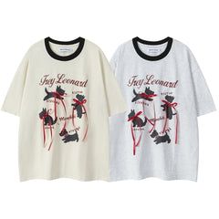 Dog Silhouette Print Red Ribbon Ringer Tee