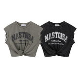 Washed Vintage Letter Twist Front Cut‑Off Tank Top