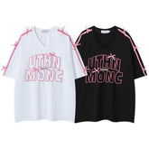 Bow Decor Letter Print Contrast Piping V‑Neck Tee