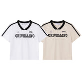 Contrast Trim V‑Neck Varsity Embroidered Tee