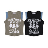 Distorted Figure Print Denim Trim Raglan Tank Top