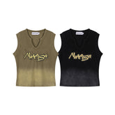 Gradient Wash Raw Edge Letter Patch V‑Notch Tank Top