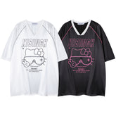Cart Kitty Graphic Contrast Piping V‑Neck Tee