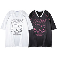 Cart Kitty Graphic Contrast Piping V‑Neck Tee