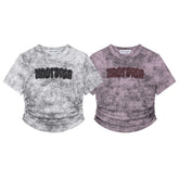 Wash‑Dye Embroidered Ruched Curved Hem Tee