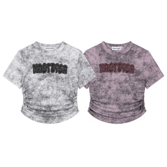 Wash‑Dye Embroidered Ruched Curved Hem Tee