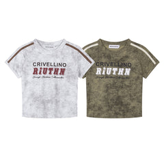 Wash‑Effect Letter Print Raglan Crop Tee