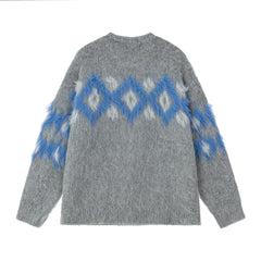 Fuzzy Geometric Diamond Jacquard Crewneck Sweater