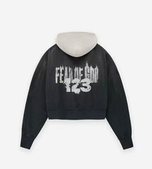 RRR123 Fear Of God Distressed Print Cropped Hoodie
