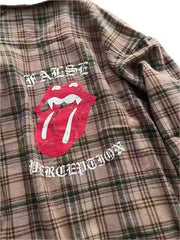 Street Ace False Perception Tongue Print Distressed‑Hem Brown Plaid Shirt