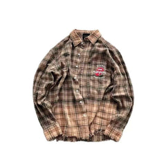 Street Ace False Perception Tongue Print Distressed‑Hem Brown Plaid Shirt