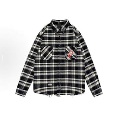 Street Ace False Perception Tongue Print Black‑White Plaid Shirt