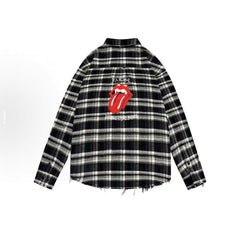 Street Ace False Perception Tongue Print Black‑White Plaid Shirt