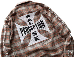 Street Ace False Perception Cross Print Distressed‑Hem Brown Plaid Shirt