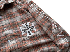 Street Ace False Perception Cross Print Distressed‑Hem Brown Plaid Shirt