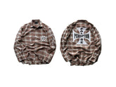 Street Ace False Perception Cross Print Distressed‑Hem Brown Plaid Shirt