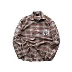 Street Ace False Perception Cross Print Distressed‑Hem Brown Plaid Shirt