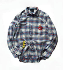 Street Ace False Perception Cartoon Print Distressed‑Hem Vintage Plaid Shirt