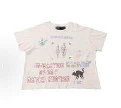 Play Hollywood Welcome Home Demon Brother Doodle Print Distressed Cropped Tee