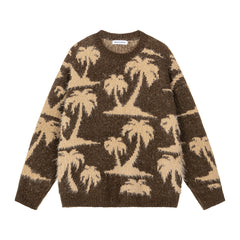 Fuzzy Palm Tree Jacquard Knit Sweater