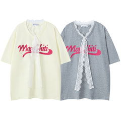 Lace Ribbon Bow Letter Print V‑Neck Tee