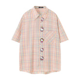 Pastel Plaid Shirt Hello Kitty Embroidery Placket