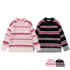 Fuzzy Stripe Knit Sweater Beanie Matching Set