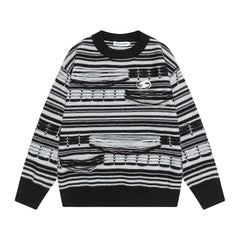 Striped Fringe Detach Knit Crewneck Sweater