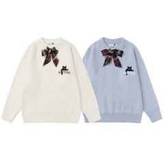 Fuzzy Crewneck Sweater With Detachable Plaid Tie & Cat Graphic