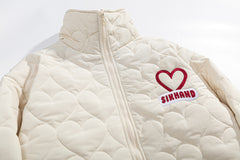 Heart Quilted Cropped Puffer Jacket Heart Embroidery