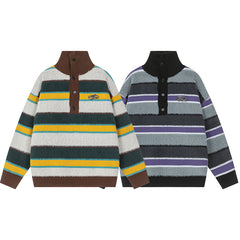 Fuzzy Button Placket Stripe Mock Neck Knit Sweater