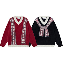 Faux Mink Plaid Scarf‑Decor V‑Neck Knit Sweater