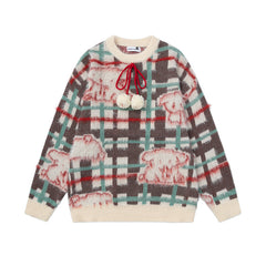 Plaid Bear Jacquard Knit Sweater With Pom‑pom Drawstring