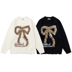 Distressed Fuzzy Leopard Bow Graphic Knit Sweater