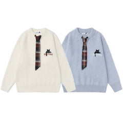 Fuzzy Crewneck Sweater With Detachable Plaid Tie & Cat Graphic