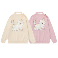 Fuzzy Cut‑Out Neck Cat Graphic Back Print Knit Sweater