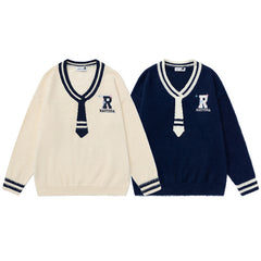 Fuzzy Varsity V‑Neck Sweater With Knit Tie & R Logo