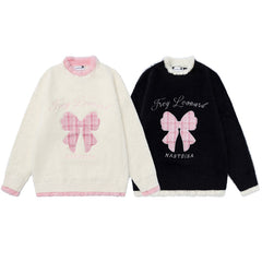 Faux Fur Contrast Fuzzy Trim Plaid Bow Embroidery Crewneck Sweater