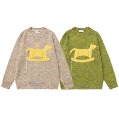 Speckled Knit Sweater With Crochet Rocking Horse Patch