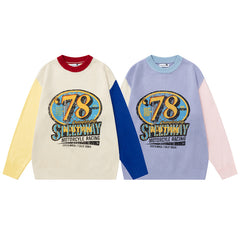 Color‑Block Spliced Sleeve 78 Racing Graphic Crewneck Knit Sweater