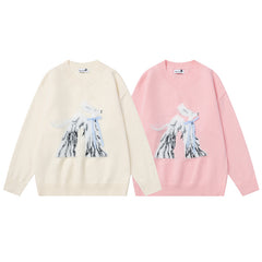 V‑Neck Knit Sweater With Fuzzy Dog Graphic & Bow Accent