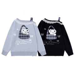 Off‑Shoulder Fuzzy Sweater Lace Trim Bear Bag Graphic
