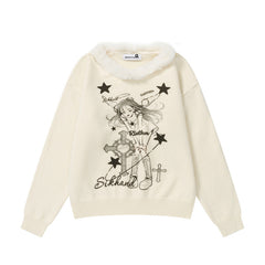 Fur Collar Knit Sweater Gothic Girl Cross Star Print